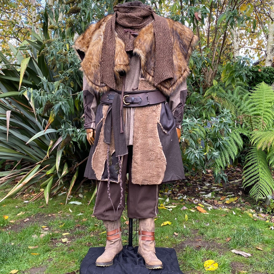 Barbarian Warrior LARP Outfit - Brown 3 Piece Set; Waistcoat, Hood, Mantle - Chows Emporium Ltd