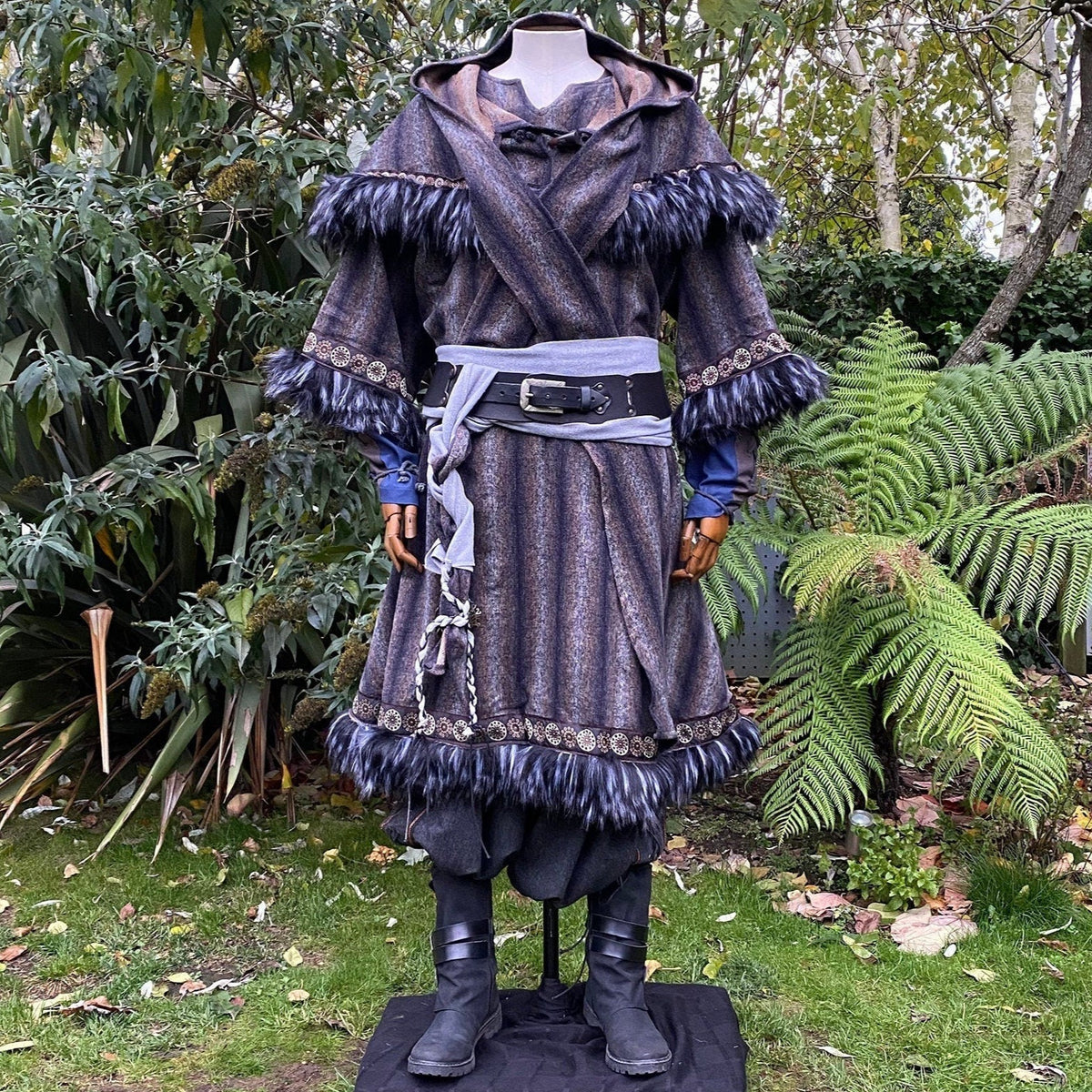 Medieval LARP outfit front view, featuring a blue and grey fur trim tunic, matching hood.