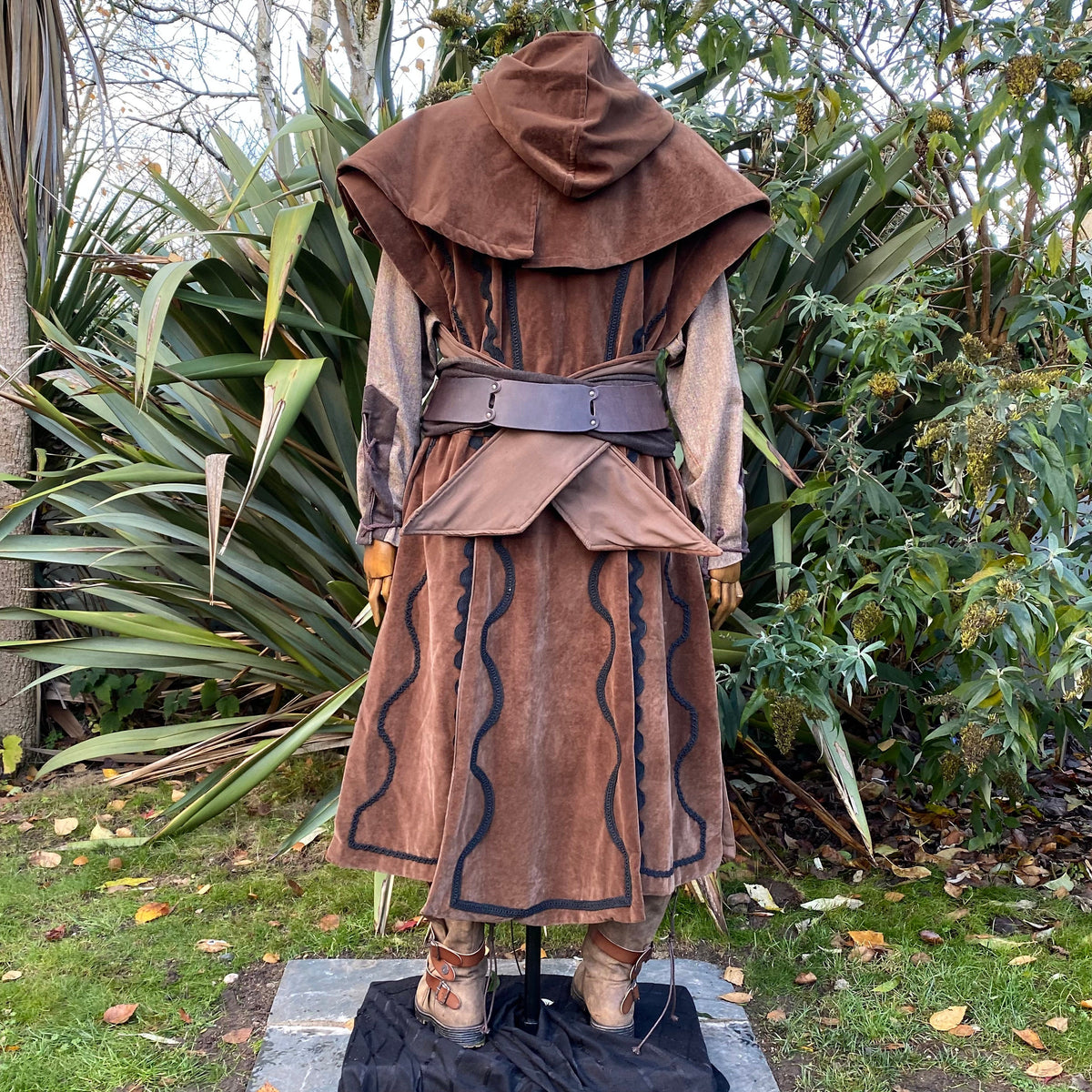 LARP waistcoat back view with hood, ornate braid, suede effect.