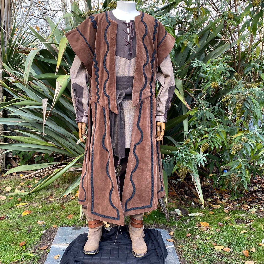 LARP Panelled Waistcoat - Brown - Suede Effect Fabric with Ornate Braiding - Chows Emporium Ltd