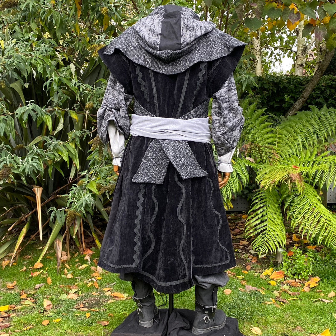 Dark King LARP Outfit - 4 Pieces; Black Panel Waistcoat, Robe, Wrap Around Hood, Sash - Chows Emporium Ltd
