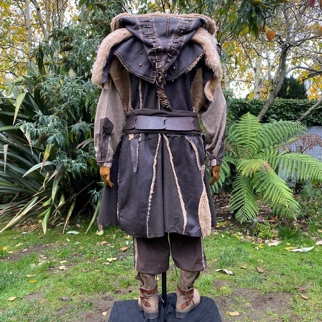 Ranger of Middle Earth LARP Outfit - 3 Pieces; Faux Leather Fleece Lined Waistcoat, Hood, Sash - Chows Emporium Ltd