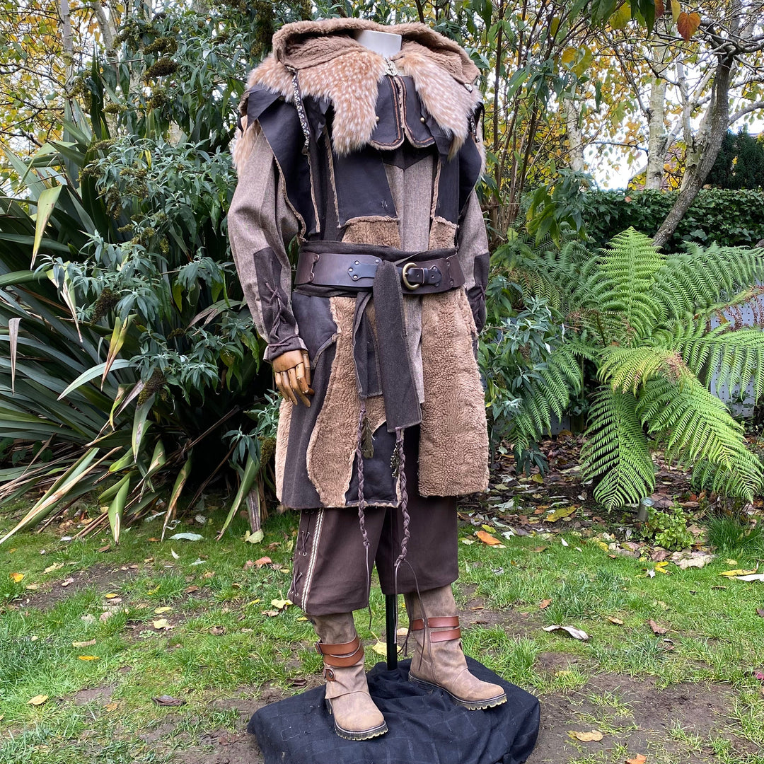Ranger of Middle Earth LARP Outfit - 3 Pieces; Faux Leather Fleece Lined Waistcoat, Hood, Sash - Chows Emporium Ltd