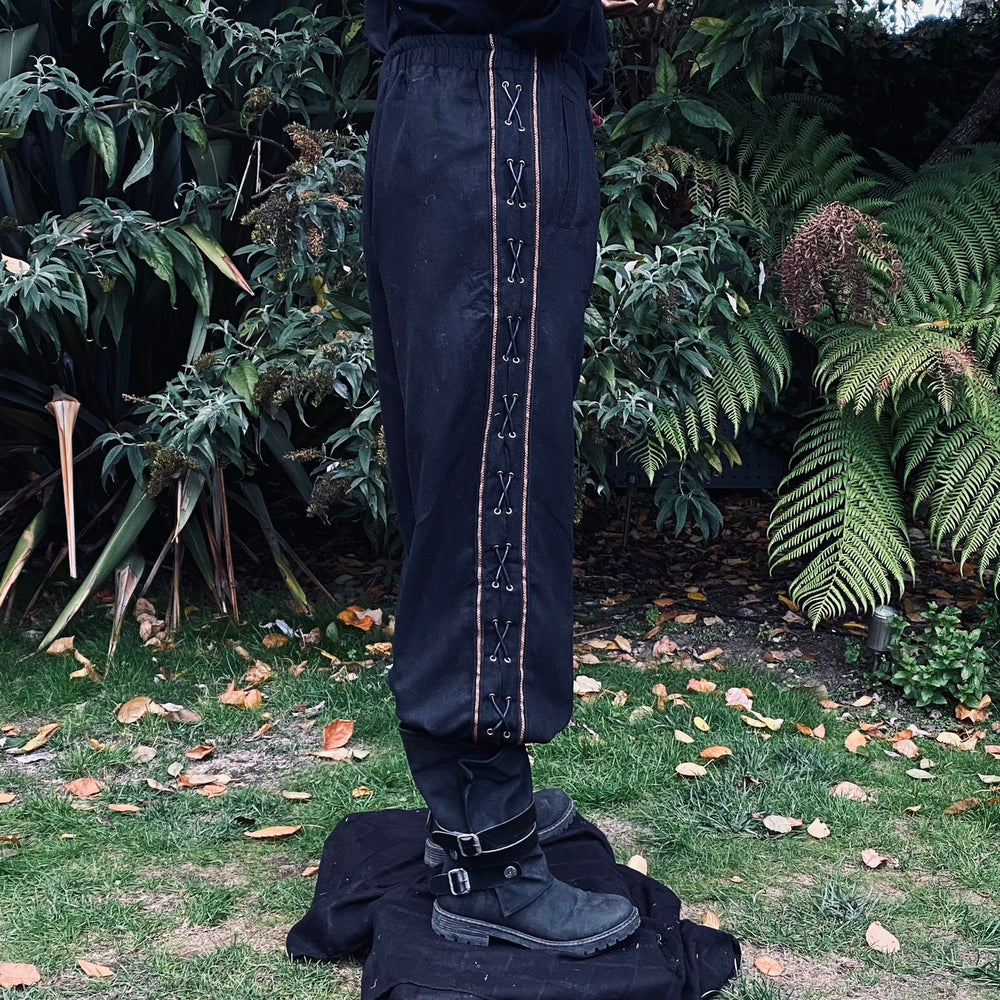 Medieval Straight Leg Pants - Black Cotton Trousers with Side Lace and Braiding - Chows Emporium Ltd