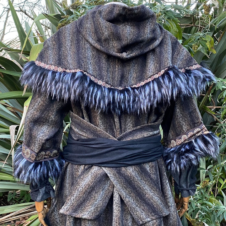 Fur Trimmed Wrap-Around LARP Hood - Brown & Grey Mohair Wool with Black and Grey Faux Fur Trimmed with Braiding - Chows Emporium Ltd