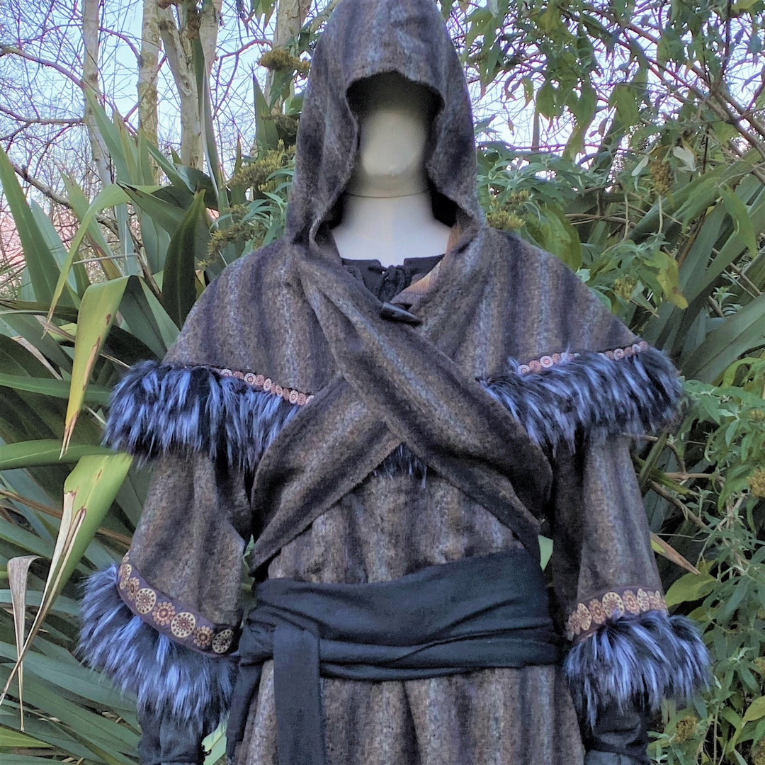 Fur Trimmed Wrap-Around LARP Hood - Brown & Grey Mohair Wool with Black and Grey Faux Fur Trimmed with Braiding - Chows Emporium Ltd