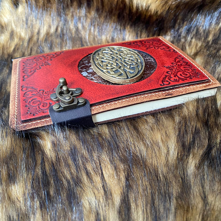 Leather Bound Journal with Metal Clasp and Oval Celtic Symbol - Red A5 Note Book - Chows Emporium Ltd