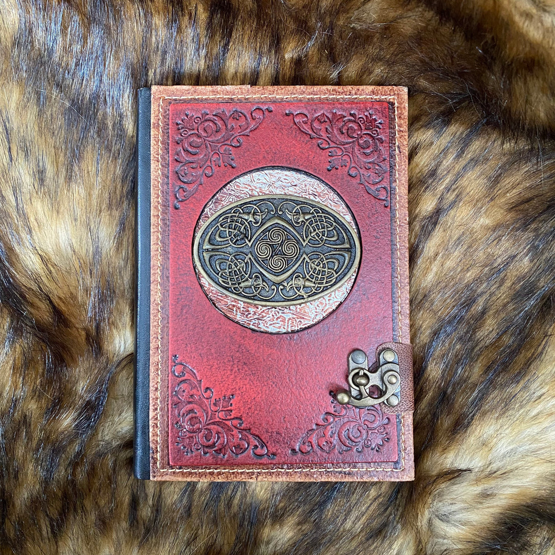 Leather Bound Journal with Metal Clasp and Oval Celtic Symbol 2 - Red A5 Note Book - Chows Emporium Ltd