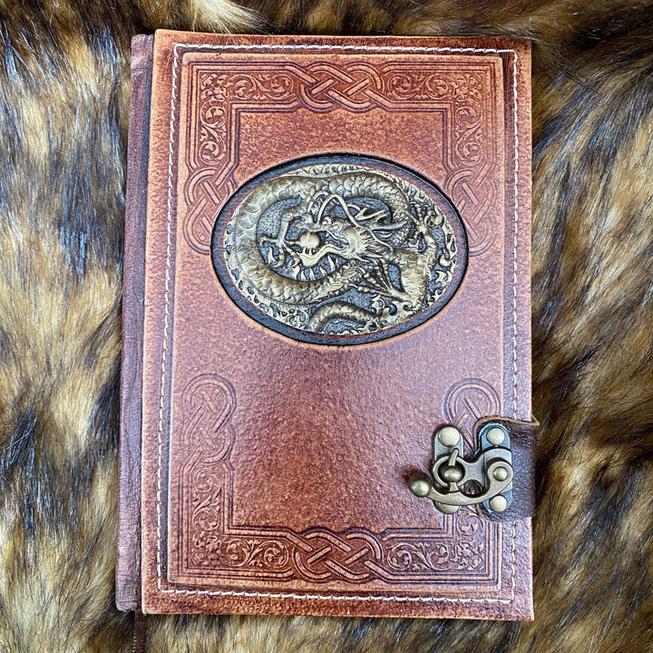 Leather Bound Journal with Metal Clasp and Dragon Symbol - Brown A5 Note Book - Chows Emporium Ltd