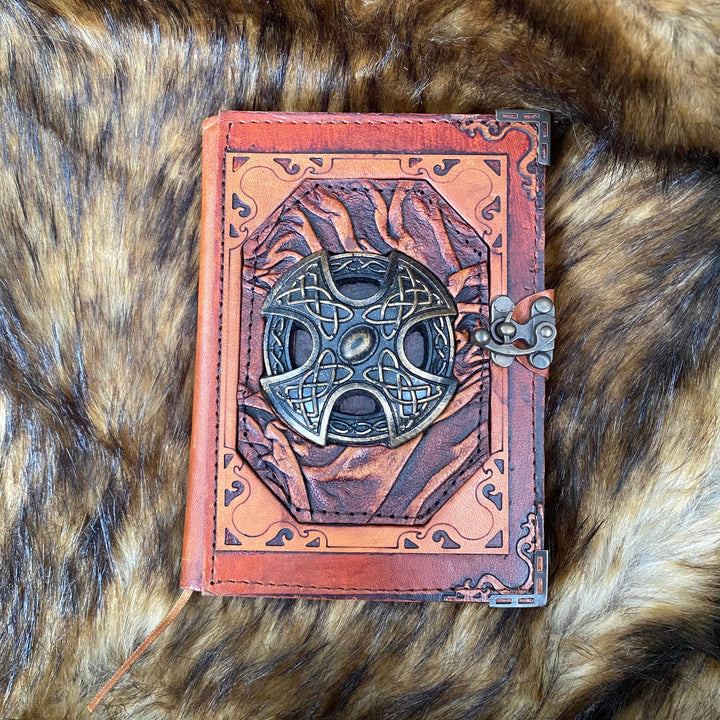 Leather Bound Journal with Metal Clasp and Oval Celtic Symbol - Brown A5 Note Book - Chows Emporium Ltd