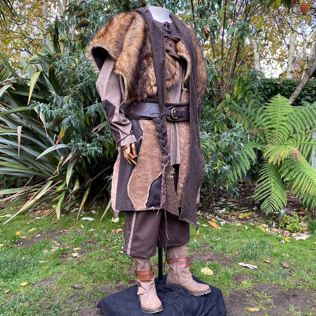 Barbarian Warrior LARP Outfit - 8 Pieces; Waistcoat, Hood, Mantle, Shirt, Pants, Sash, Belt, FREE Hat - Chows Emporium Ltd