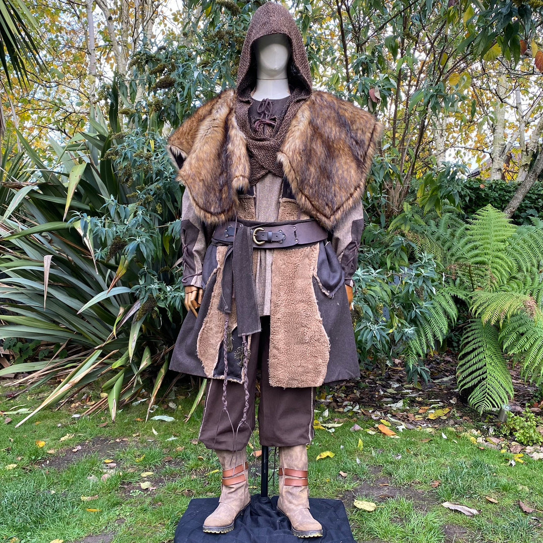 Barbarian Warrior LARP Outfit - 5 Pieces; Brown Waistcoat, Hood, Mantle, Shirt, Sash - Chows Emporium Ltd