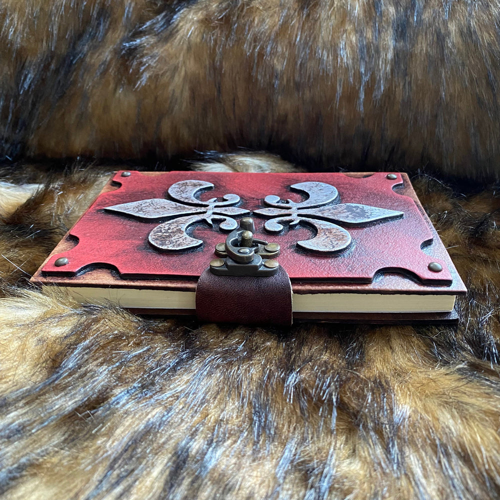 Leather Bound Journal with Metal Clasp and Fleur-de-lis Symbol - Red A5 Note Book - Chows Emporium Ltd