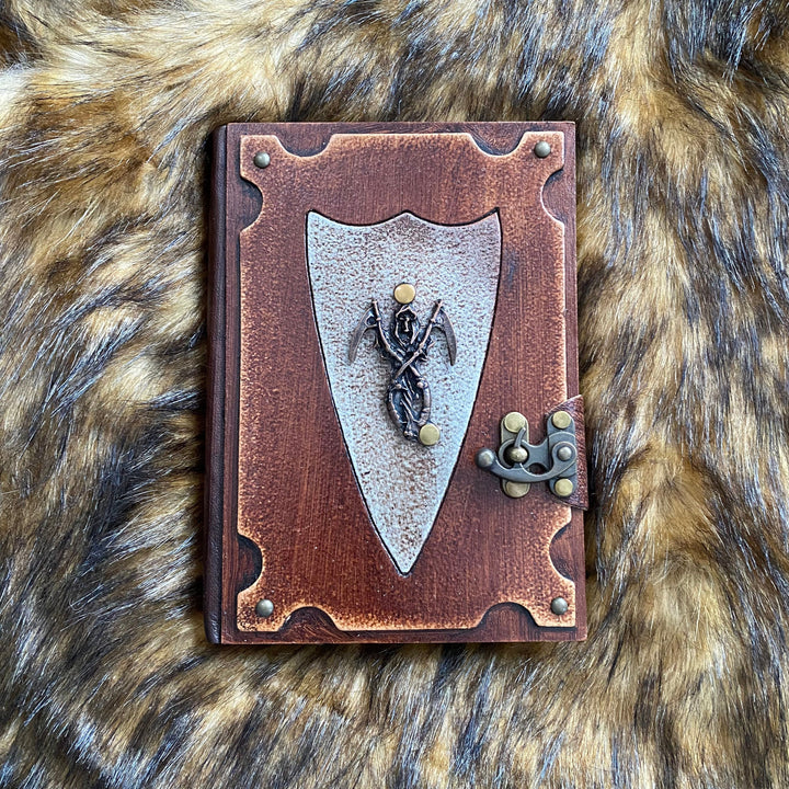 Leather Bound Journal with Metal Clasp and Reaper Shield - Brown A5 Note Book - Chows Emporium Ltd