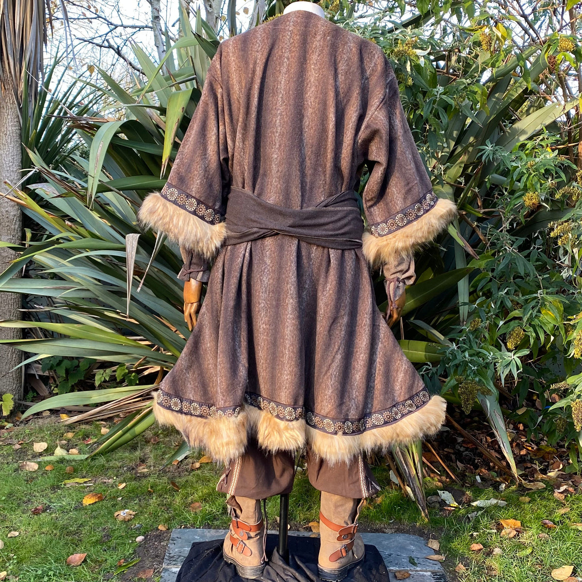 fur trimmed barbarian tunic in brown for medieval fantasy wear.