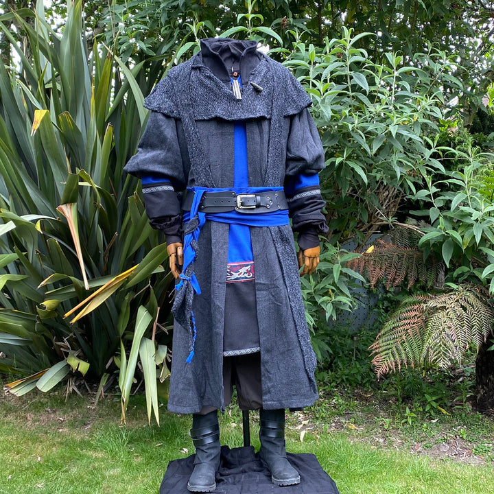 LARP Belt and Sash Set with Accessories - Blue Wool - Black Buffalo Leather - Gift Ideas - Chows Emporium Ltd