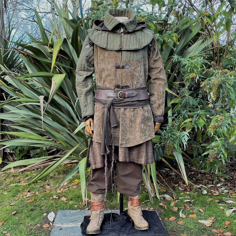 Forest Warrior LARP Outfit - 4 Pieces; Green & Brown Gambeson Jacket, Padded Hood, Belt, Sash - Chows Emporium Ltd