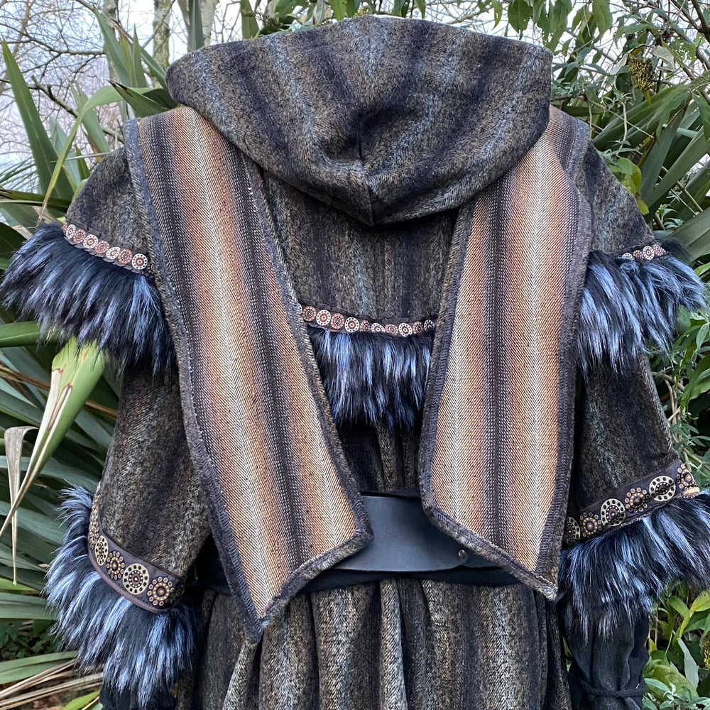 This LARP Hood in Brown & Black Moahir Wool has Faux Fur Trimming in Black & Grey with Braiding. This Viking Hood is Water Resistant towards rain. The Medieval Hood covers your shoulders and provides warmth. Perfect for your LARP Character and LARP Costume, Cosplay Event, and Ren Faire.