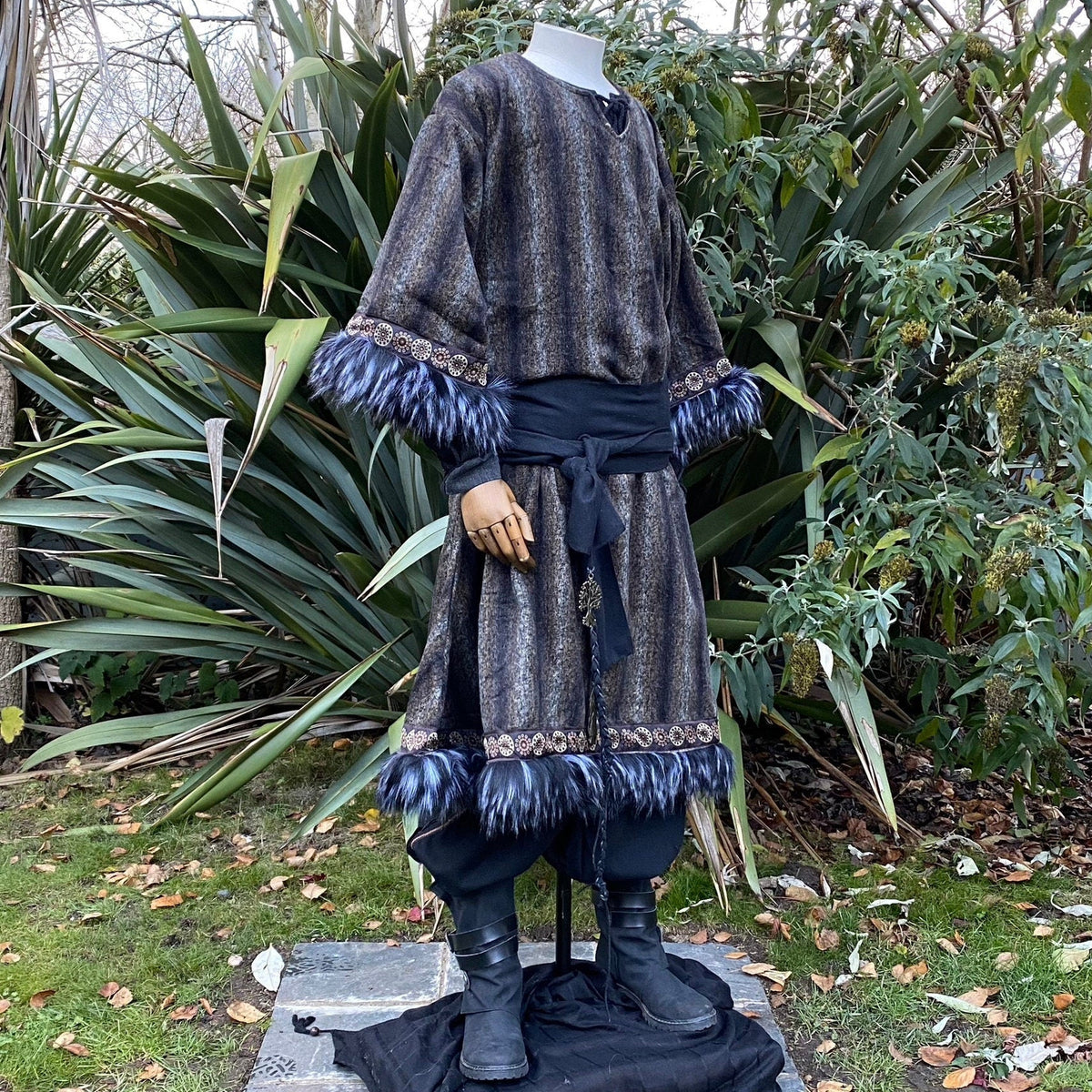 LARP outfit: grey-black mohair tunic and sash with fur details.