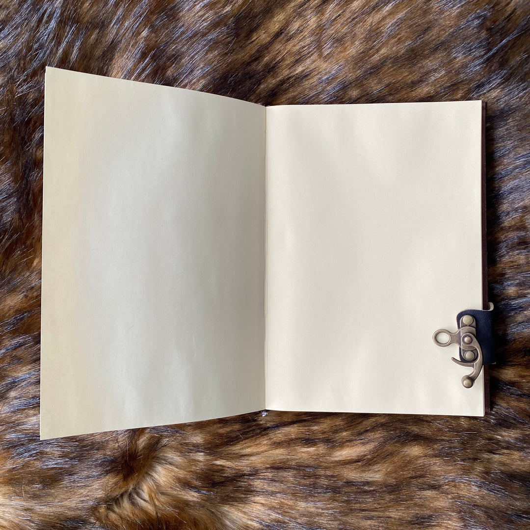 Leather Bound Journal with Metal Clasp and Embossed Face Design- Brown A5 Note Book - Chows Emporium Ltd