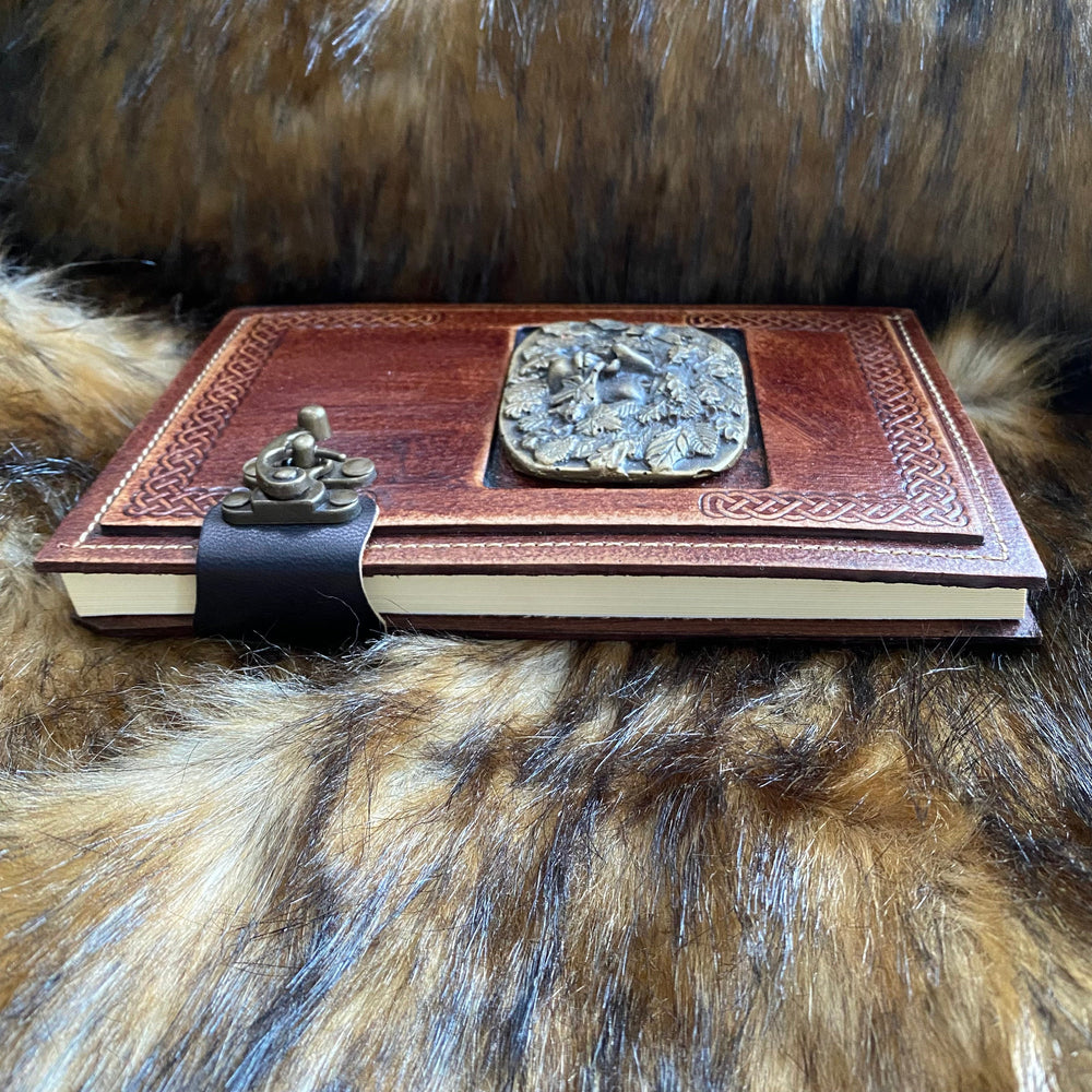 Leather Bound Journal with Metal Clasp and Embossed Face Design- Brown A5 Note Book - Chows Emporium Ltd