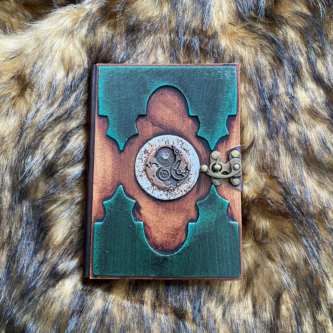 Leather Bound Journal with Metal Clasp and Steampunk Symbol - Green & Brown A5 Note Book - Chows Emporium Ltd