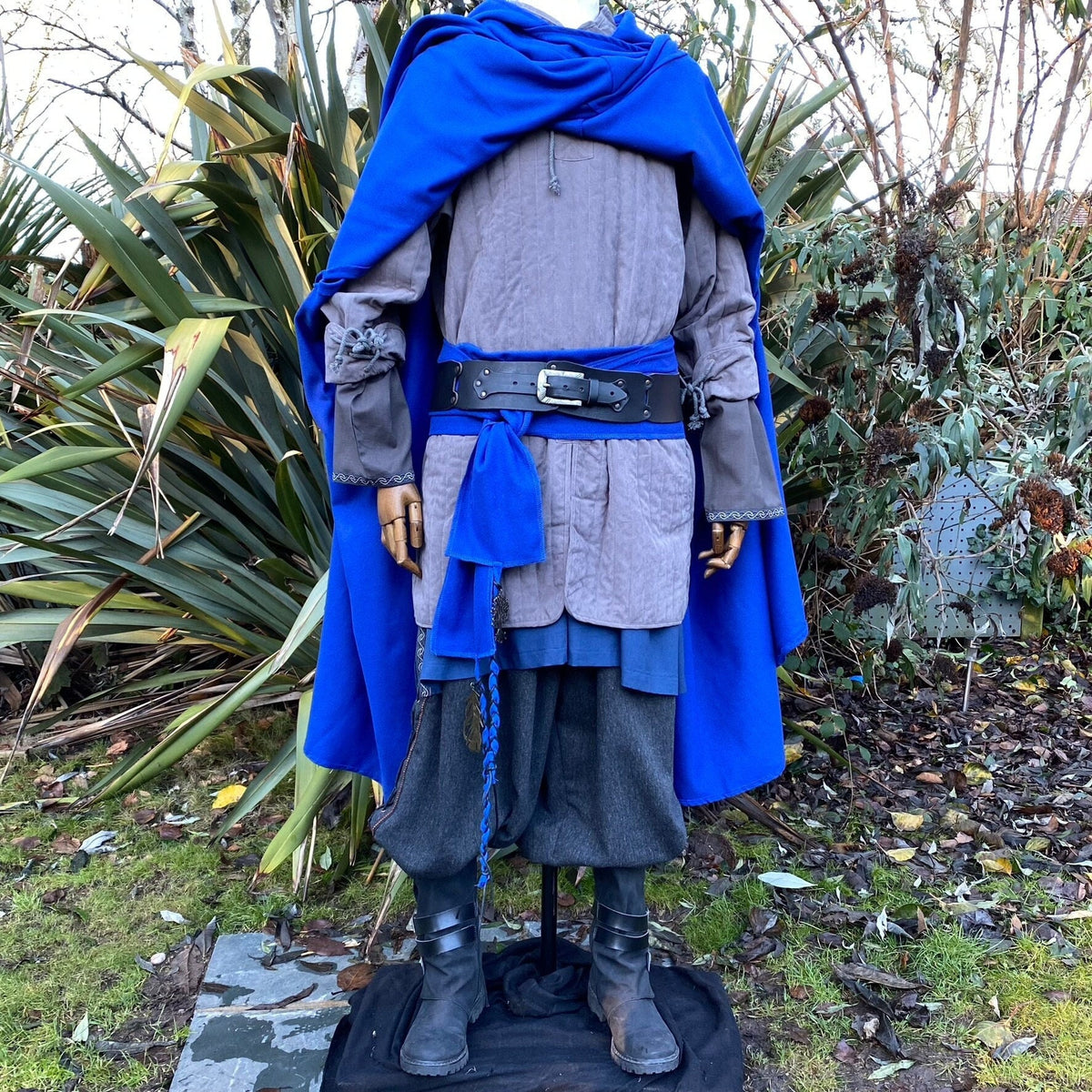 Blue cloaked LARP outfit with grey gambeson.