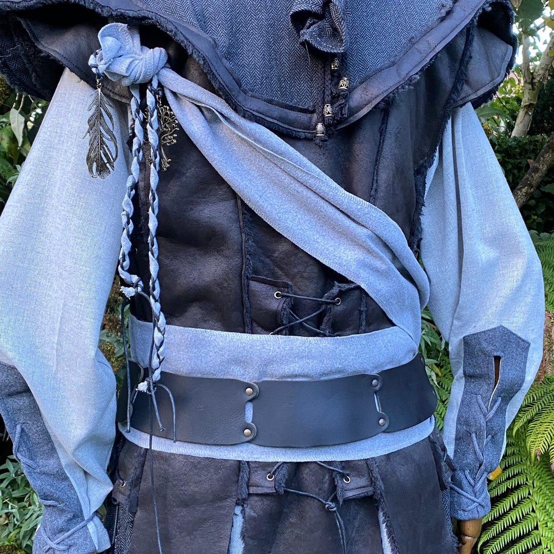 LARP Belt and Sash Set with Accessories - Light Grey Wool - Black Buffalo Leather - Gift Ideas - Chows Emporium Ltd