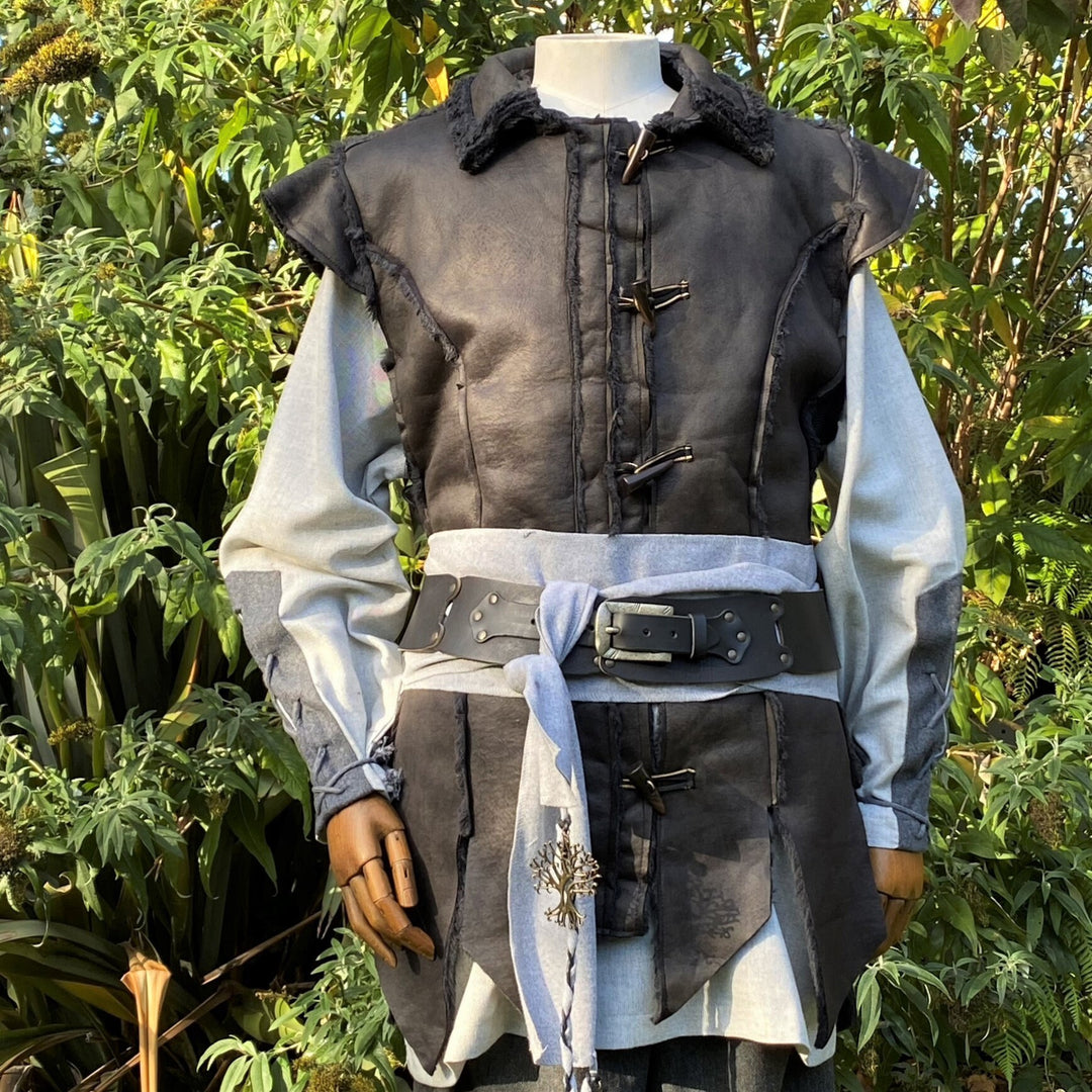 LARP Belt and Sash Set with Accessories - Light Grey Wool - Black Buffalo Leather - Gift Ideas - Chows Emporium Ltd