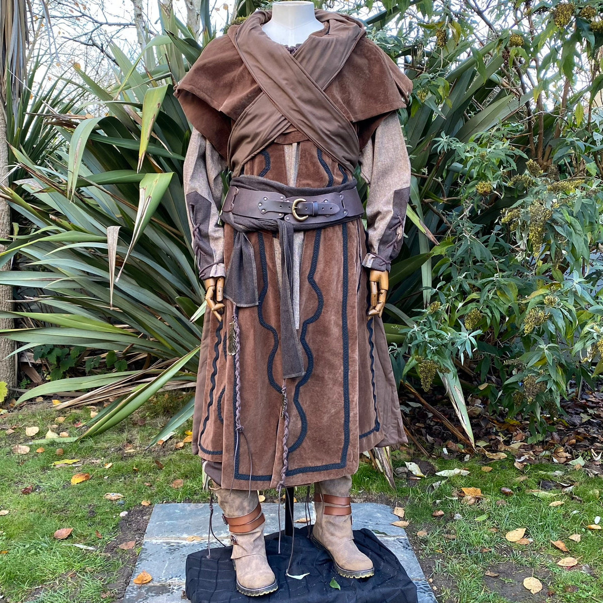 Brown LARP ensemble with belt and sash.