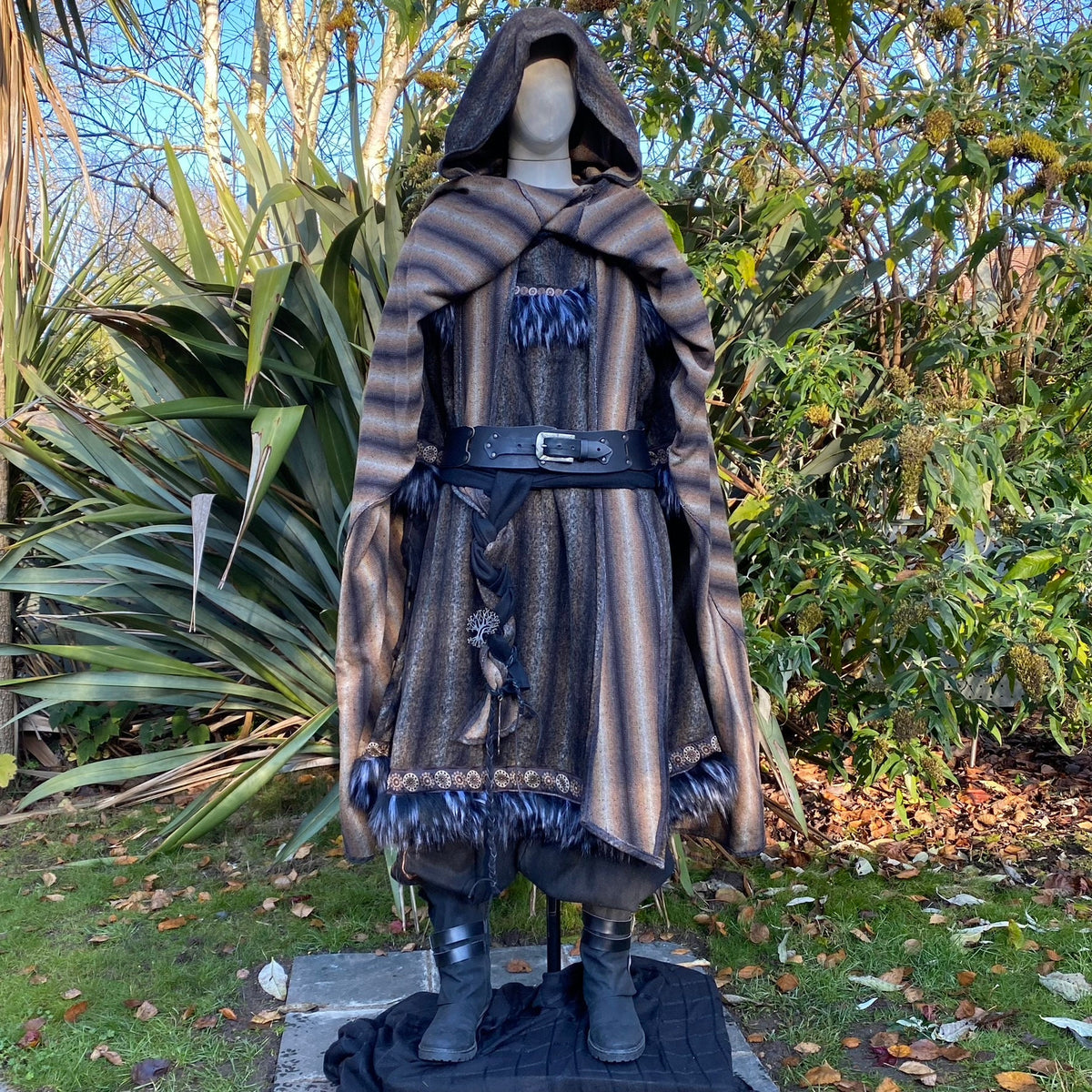 Hooded blue and grey striped wool cloak, medieval fantasy LARP costume for wizards, rogues, or.
