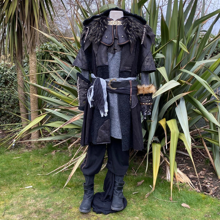 Necromancer King LARP Outfit - 4 Pieces; Black Patchwork Waistcoat, Ornate Faux Leather Hood, Vambraces, Shirt - Chows Emporium Ltd