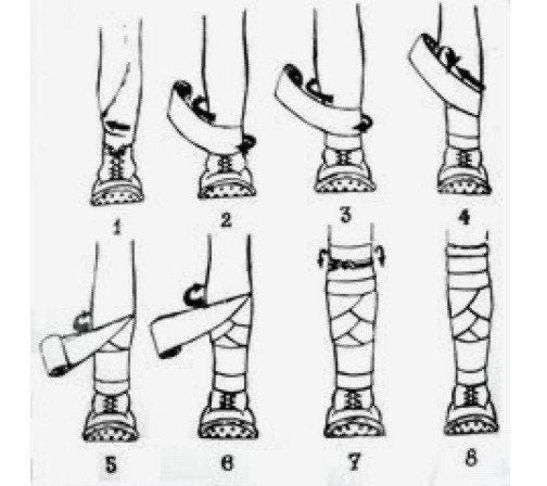 Medieval LARP dark green wool leg wrap tying instructions diagram.