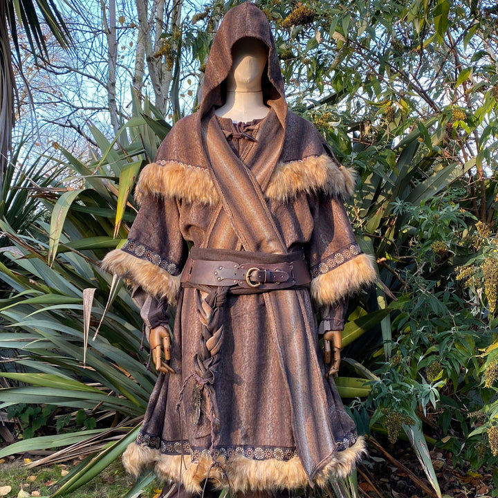 Mountain Warrior LARP Outfit - 3 Pieces; Faux Fur Trimmed Tunic, Mohair Hood, Sash - Chows Emporium Ltd