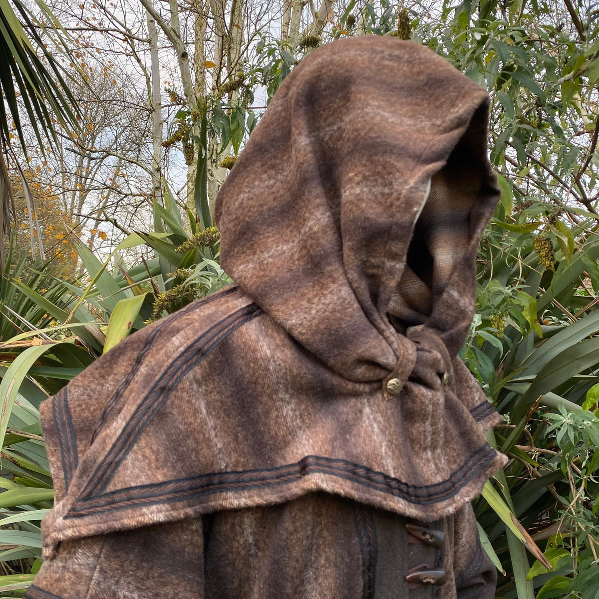 Brown wool LARP snood hood side view.
