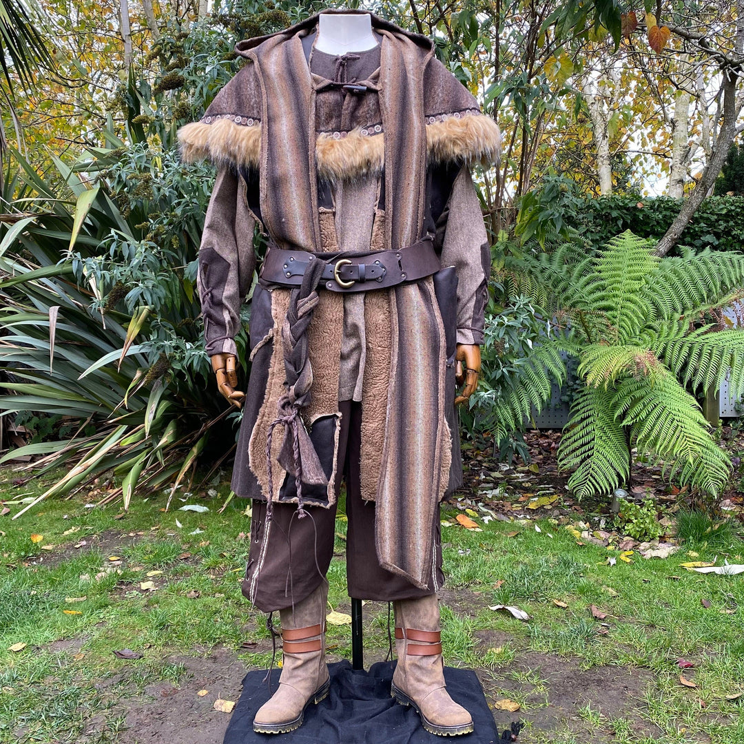 Barbarian Fighter LARP Outfit - 5 Pieces; Patchwork Waistcoat, Fur Trim Hood, Brown Shirt, Trousers, Sash, Brown - Chows Emporium Ltd