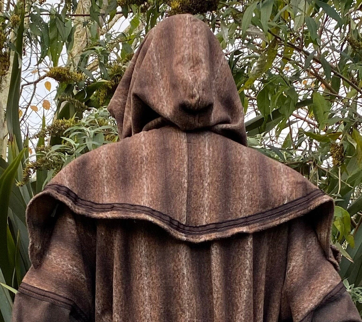 Rear view of LARP medieval snood hood in brown wool.