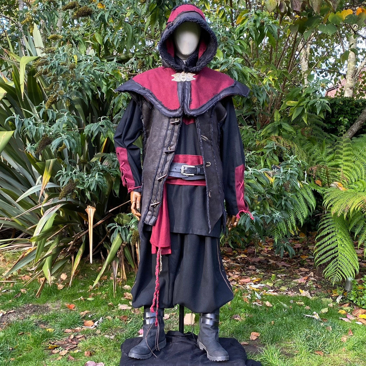 Red and black LARP costume with hood, waistcoat, shirt, belt, and sash.