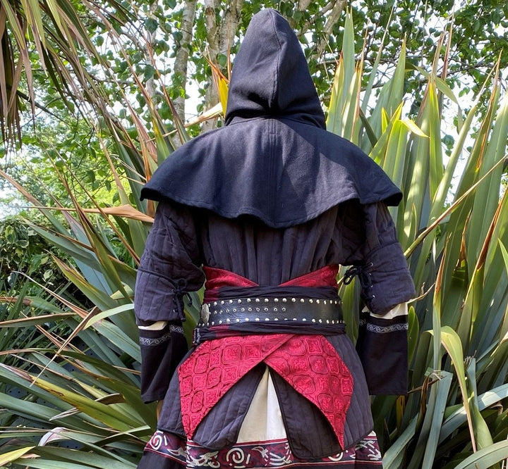 Blood Hunter LARP Outfit - 3 Pieces; Black & Red with Suede Effect Hood, Gambeson and Tunic - Chows Emporium Ltd