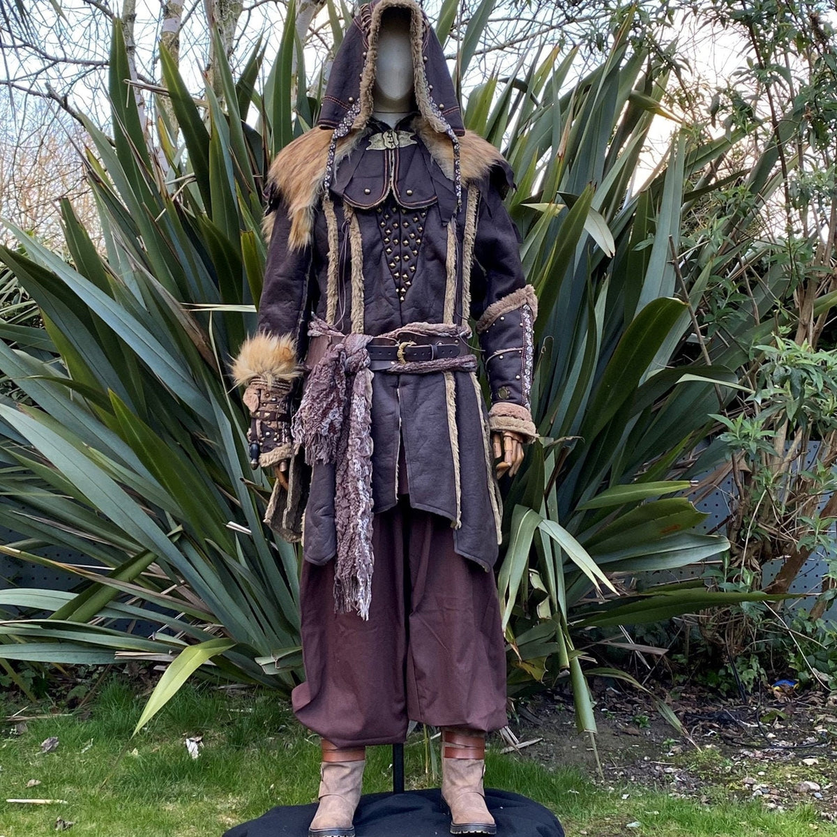 LARP medieval costume set with brown jacket, hood, and vambraces, front view.