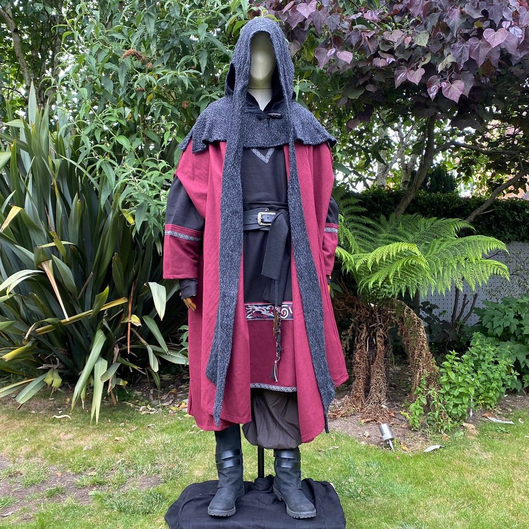 Mystic Alchemist LARP Outfit - 5 Pieces; Red Cloak, Black & Red Tunic, Hood, Pants, Belt - Chows Emporium Ltd