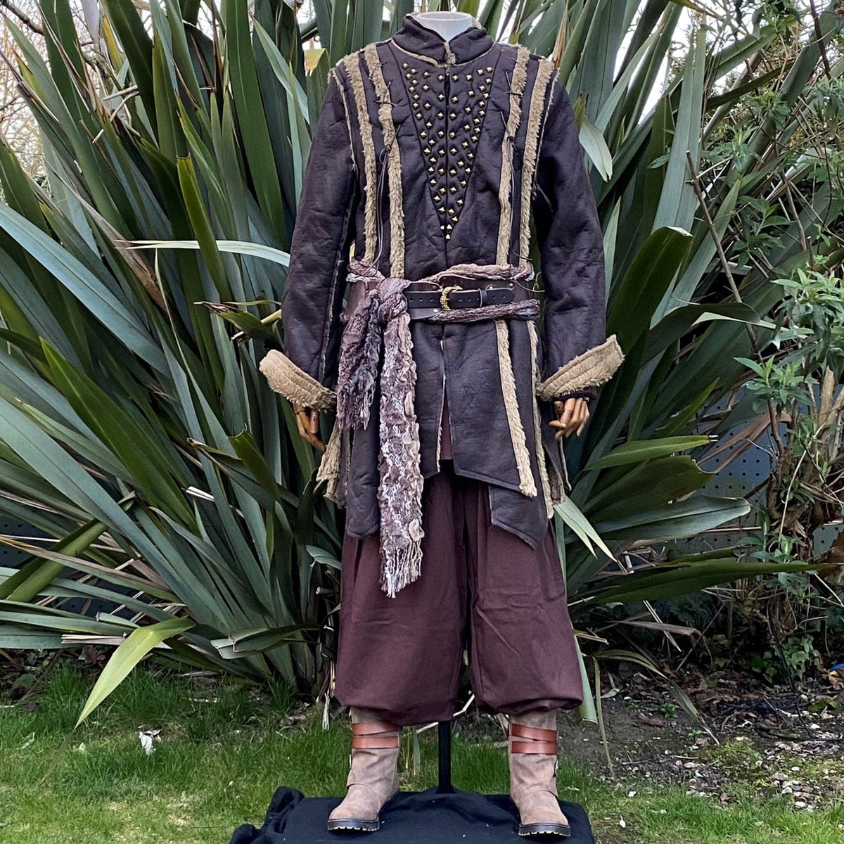 Dark brown medieval LARP outfit with jacket, hood, vambraces, sash, and trousers.