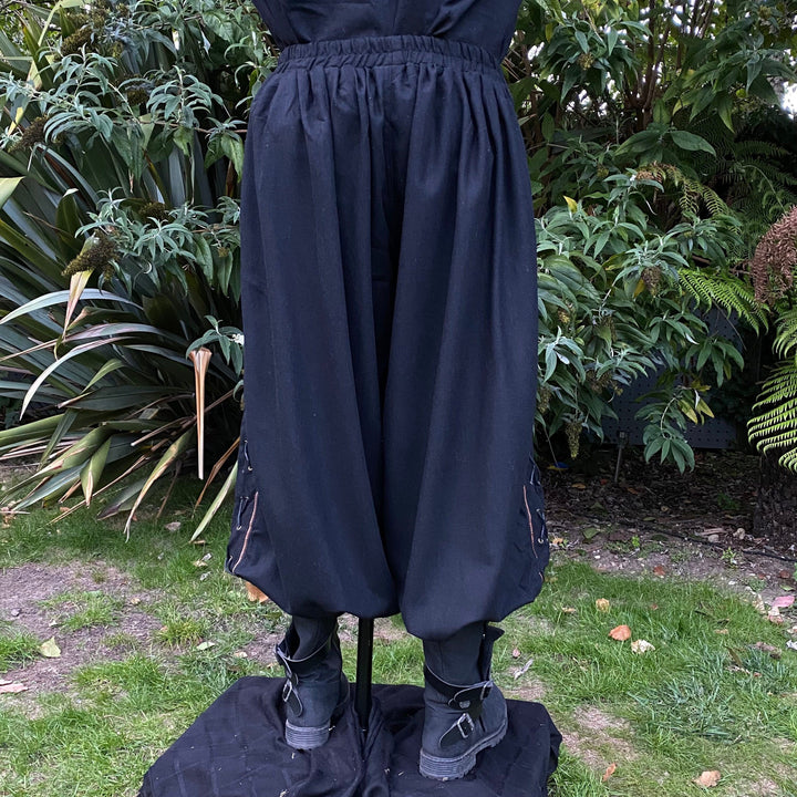 LARP Hero Pants - Loose Black Wool Mix Trousers with Side Lace and Braiding - Chows Emporium Ltd