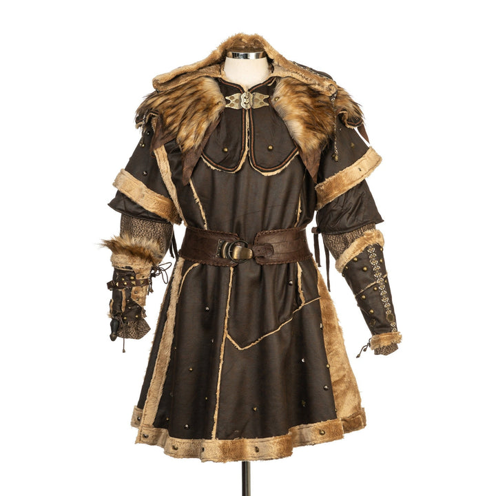 Barbarian Master LARP Outfit - 3 Pieces; Jacket, Ornate Hood, Vambraces - Brown Faux Leather Fleece Lined - Chows Emporium Ltd