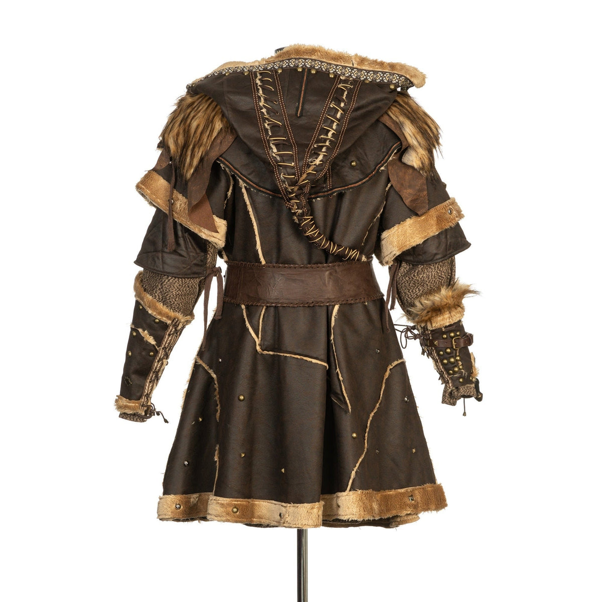 Brown LARP medieval outfit back view; stitched details, fur trim.