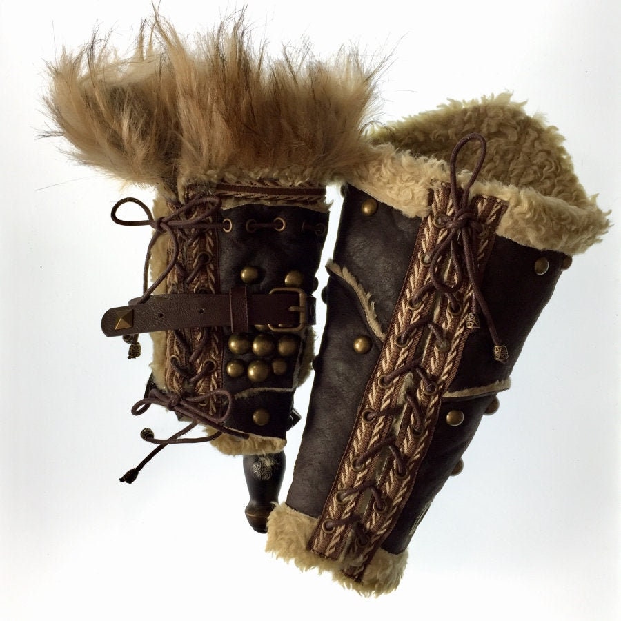 Brown faux leather LARP vambraces with fur and intricate details.
