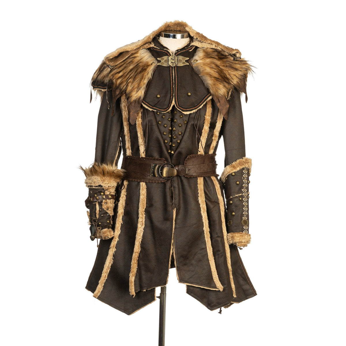 Brown faux leather medieval coat with fur, front view, for LARP or Viking cosplay.