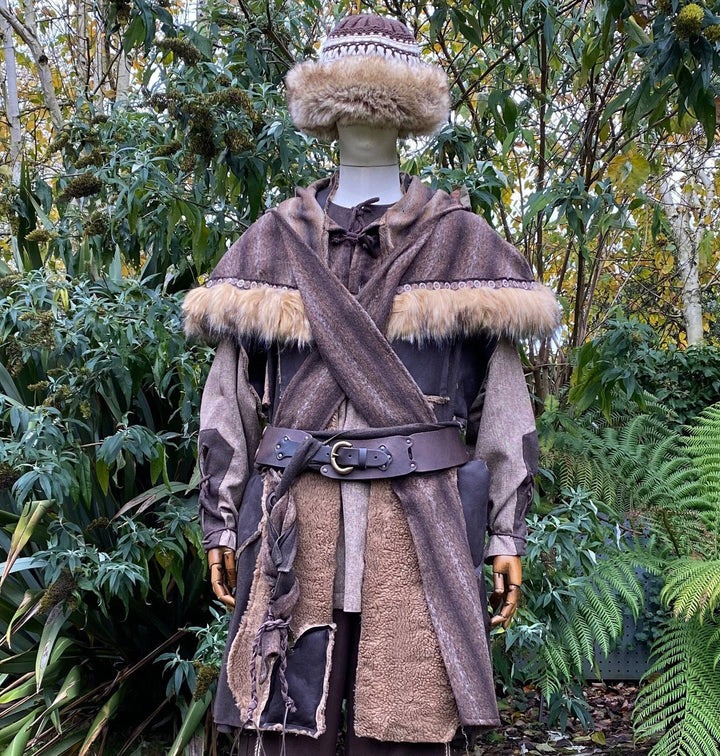 Barbarian Fighter LARP Outfit - 4 Piece Set; Leather Waistcoat, Faux Fur Hood, Hat, Sash - Chows Emporium Ltd