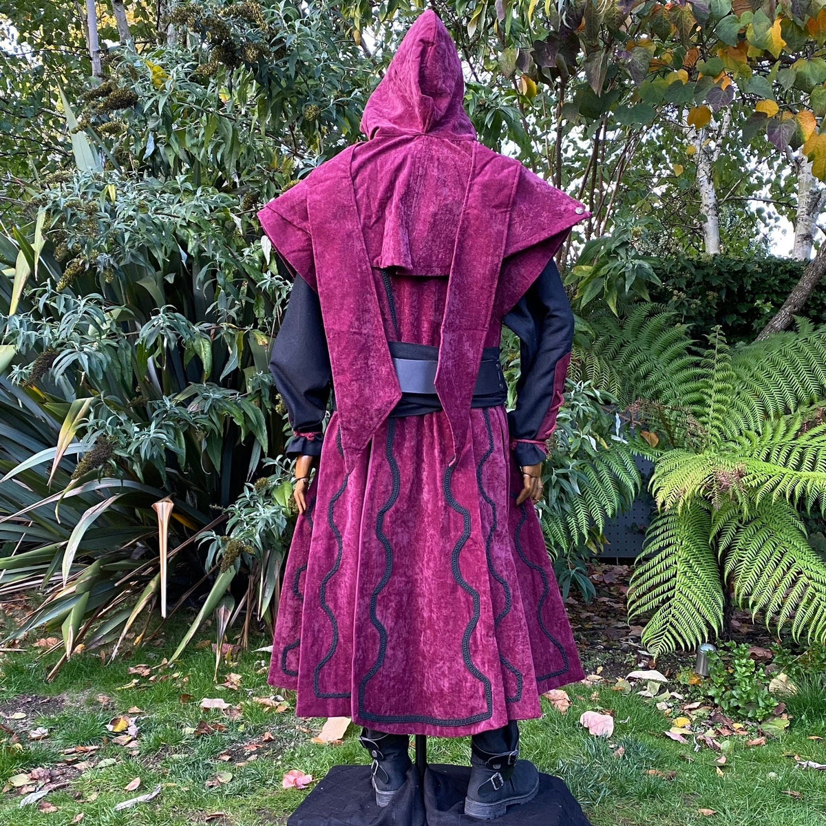 Crimson medieval LARP outfit rear view with hood.