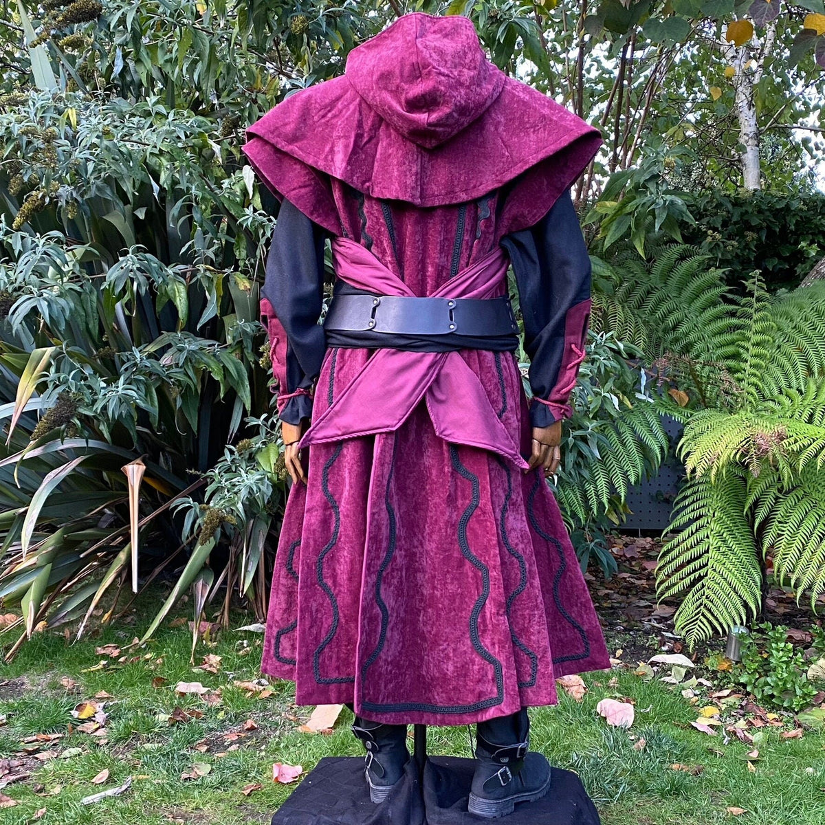 Rear view of crimson medieval LARP outfit, hood and suede waistcoat detail.